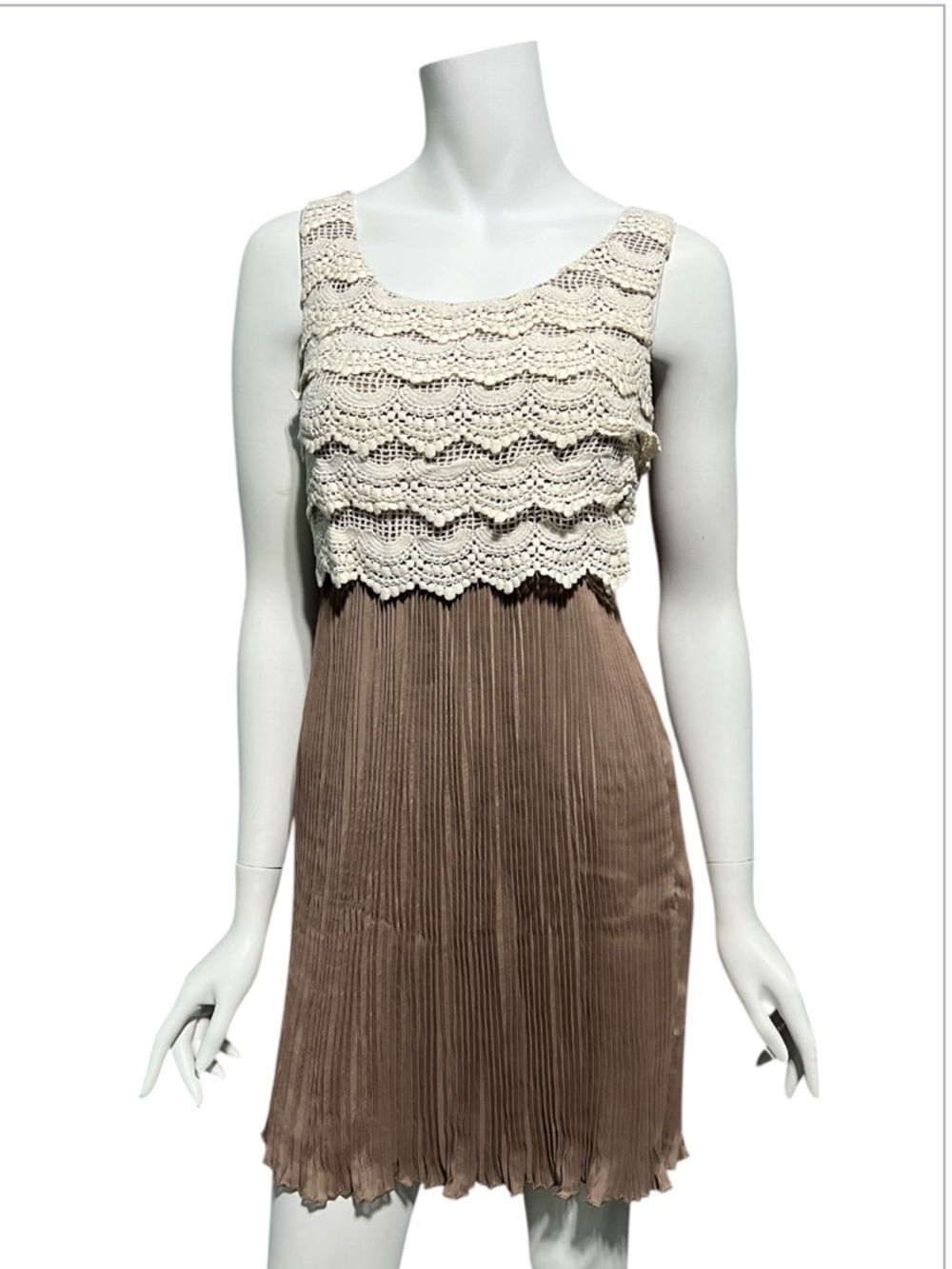 Pinky Accordion Pleat Taupe Brown & Cream Tiered Crochet Ruffle Dress S
